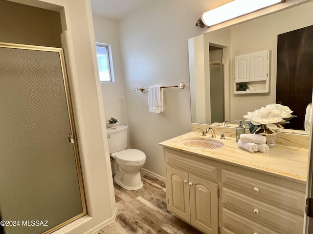 bathroom featuring vanity, toilet, wood-type flooring, and walk in shower