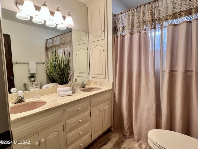 bathroom with hardwood / wood-style floors, vanity, and toilet