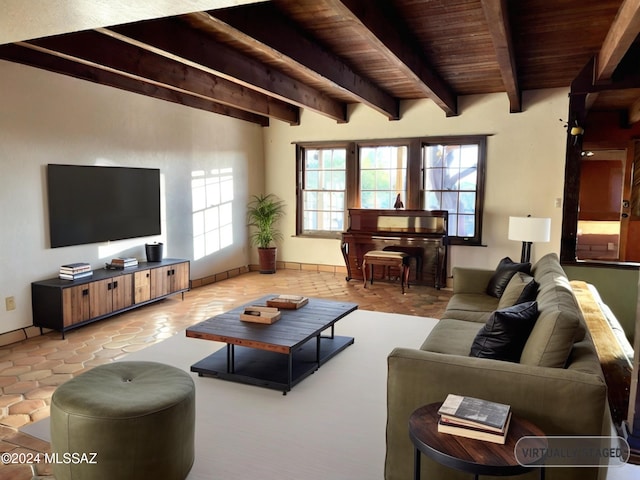 tiled living room featuring beam ceiling and wooden ceiling