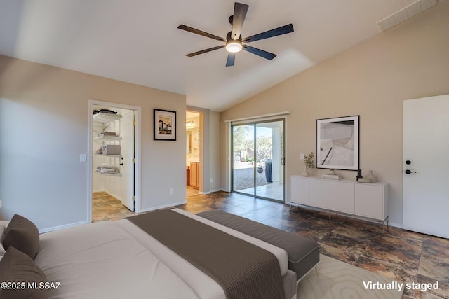 bedroom featuring connected bathroom, access to exterior, ceiling fan, and lofted ceiling