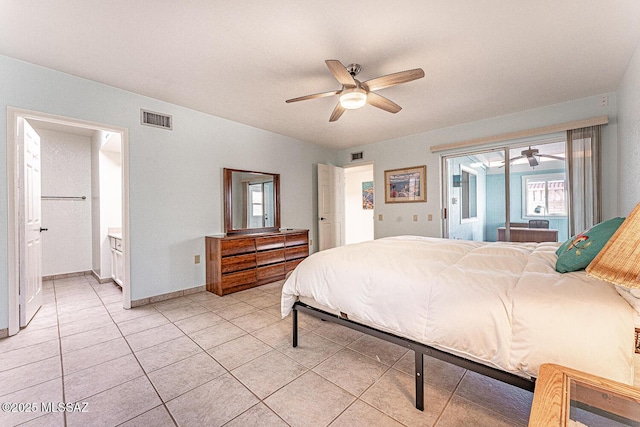 bedroom featuring light tile patterned flooring, ceiling fan, and access to exterior