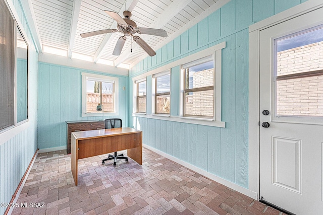 home office featuring beam ceiling, wooden ceiling, and ceiling fan