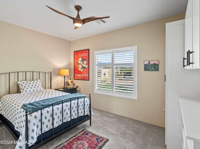 bedroom featuring carpet flooring and ceiling fan