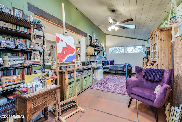 interior space featuring wooden ceiling, ceiling fan, and vaulted ceiling