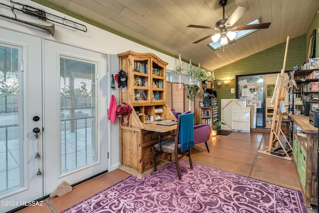 tiled office featuring vaulted ceiling, ceiling fan, french doors, and wooden ceiling