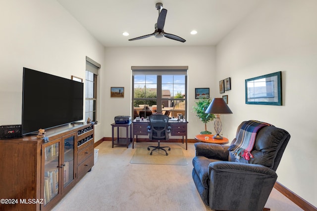 36513 S Cactus Ln, Tucson, AZ 85739 - office with baseboards, recessed lighting, ceiling fan, and light colored carpet