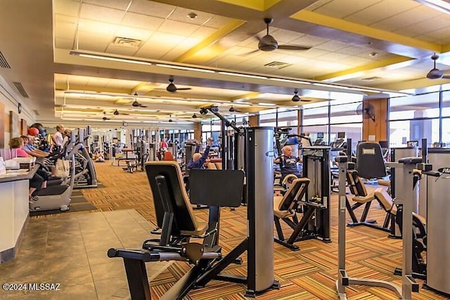 exercise room featuring carpet flooring and ceiling fan