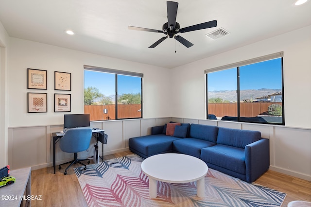 home office featuring a ceiling fan, visible vents, wood finished floors, and recessed lighting