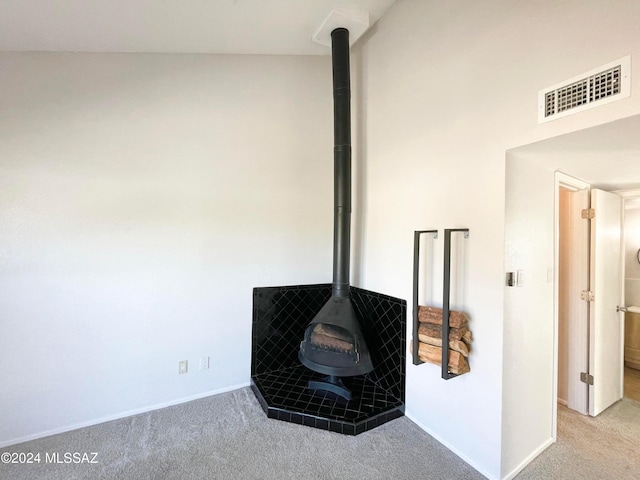 room details with a wood stove and carpet