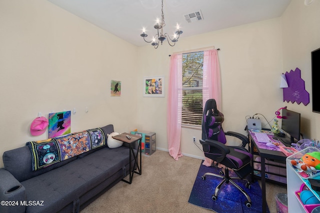 carpeted home office with a notable chandelier