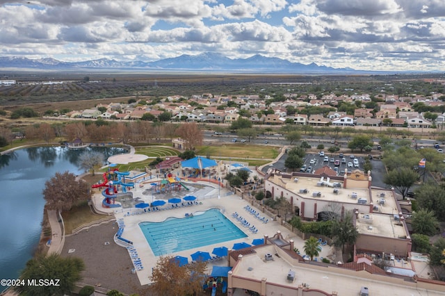 aerial view with a water and mountain view