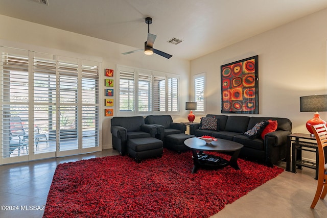 living room with ceiling fan