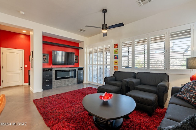 living room with ceiling fan