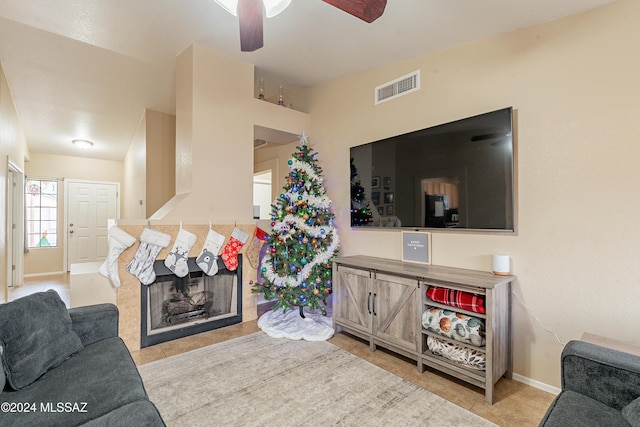 living room with ceiling fan