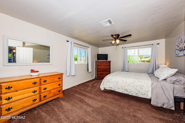 carpeted bedroom with ceiling fan, a textured ceiling, and multiple windows