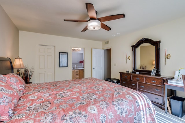 bedroom featuring connected bathroom, a closet, and ceiling fan