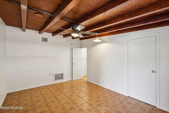 tiled spare room featuring ceiling fan, beam ceiling, and wooden ceiling