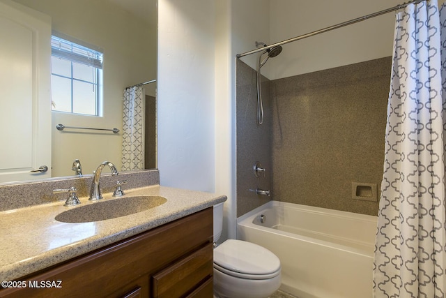 full bathroom featuring vanity, shower / bath combination with curtain, and toilet