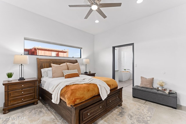 bedroom featuring connected bathroom and ceiling fan