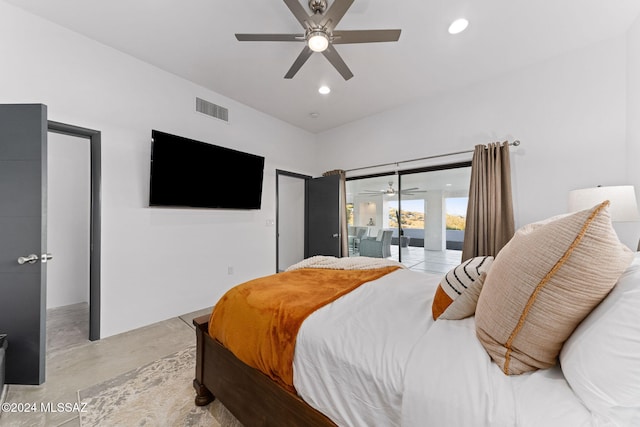 bedroom with access to outside and ceiling fan