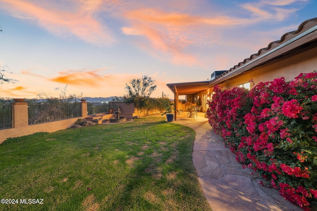 yard at dusk with a patio area