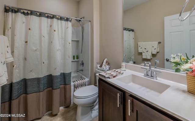 full bathroom featuring vanity, toilet, and shower / bathtub combination with curtain