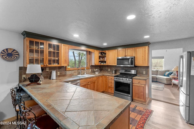 kitchen featuring sink, light hardwood / wood-style flooring, tasteful backsplash, kitchen peninsula, and stainless steel appliances