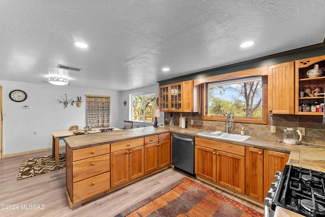 kitchen with sink, light hardwood / wood-style flooring, backsplash, kitchen peninsula, and appliances with stainless steel finishes