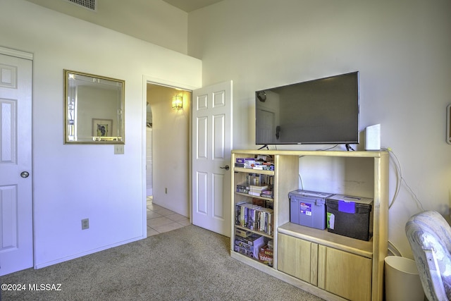 interior space featuring light carpet