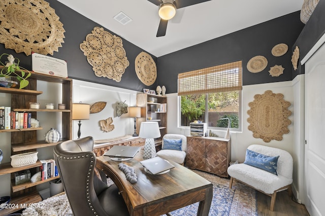 office with ceiling fan and wood-type flooring