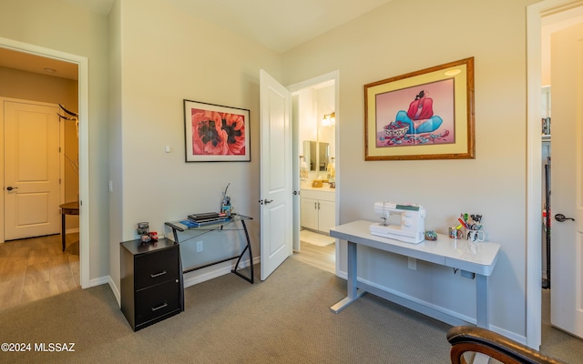 office area featuring light colored carpet