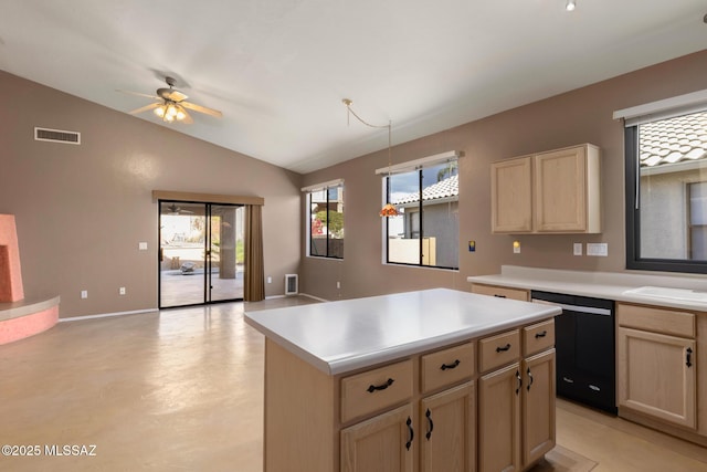 kitchen featuring ceiling fan, light brown cabinets, black dishwasher, vaulted ceiling, and a kitchen island