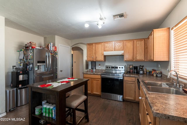 kitchen with dark hardwood / wood-style flooring, sink, and stainless steel appliances