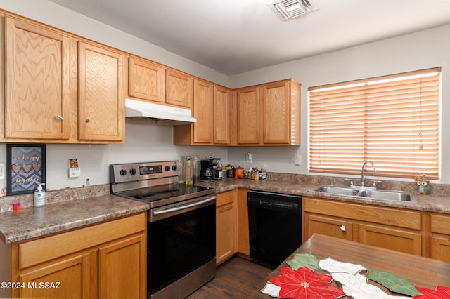 kitchen with dark hardwood / wood-style flooring, sink, electric stove, light brown cabinets, and dishwasher