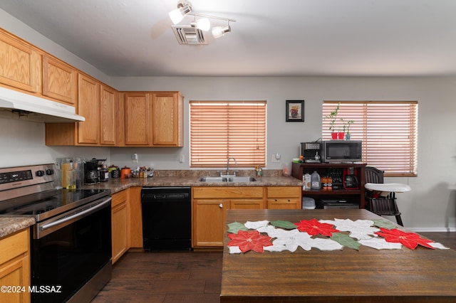 kitchen with light brown cabinets, dark hardwood / wood-style flooring, stainless steel appliances, and sink