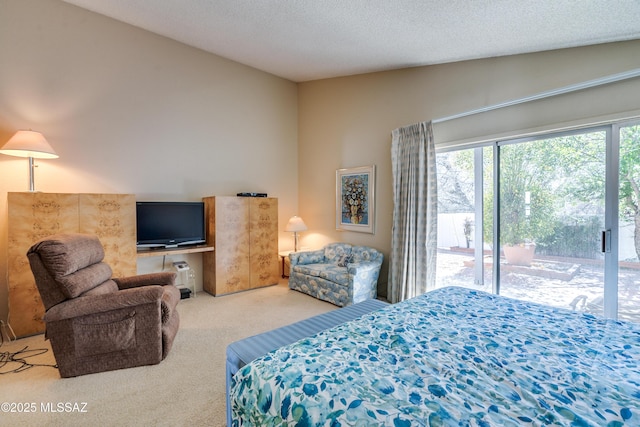 carpeted bedroom with access to exterior and a textured ceiling