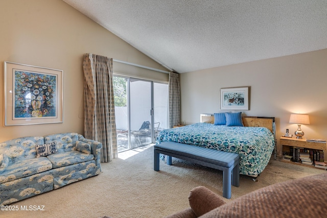 bedroom featuring carpet, access to outside, vaulted ceiling, and a textured ceiling