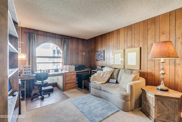 office space with light carpet, wood walls, and a textured ceiling