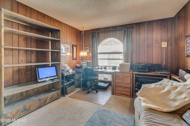 office space with wood walls, a textured ceiling, and carpet flooring