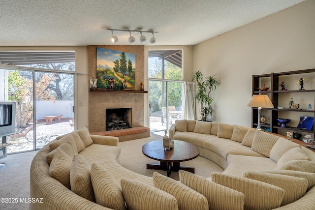 carpeted living room featuring a large fireplace, a textured ceiling, and rail lighting