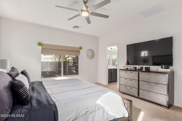 bedroom featuring ceiling fan and light colored carpet