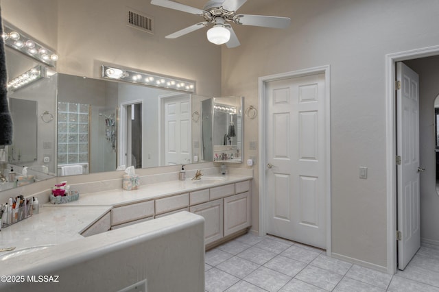 bathroom with vanity, tile patterned floors, and ceiling fan