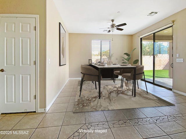 tiled office with ceiling fan