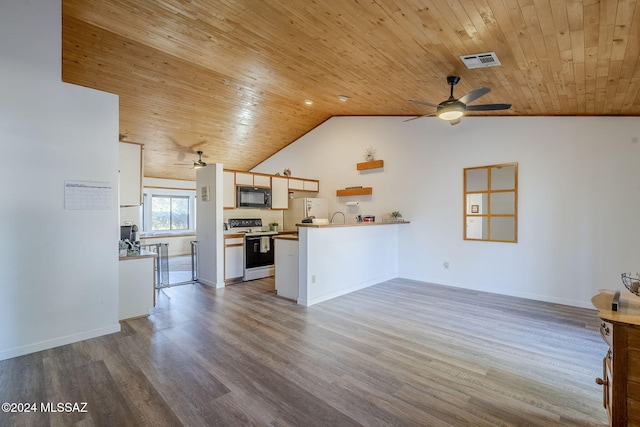 unfurnished living room with ceiling fan, wood-type flooring, wood ceiling, and vaulted ceiling