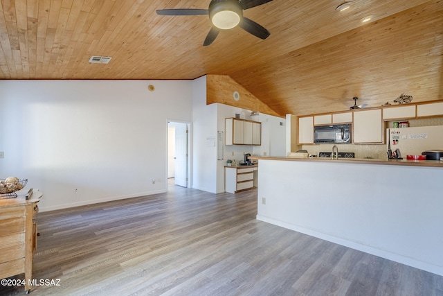 kitchen featuring light hardwood / wood-style flooring, white fridge, wooden ceiling, and high vaulted ceiling