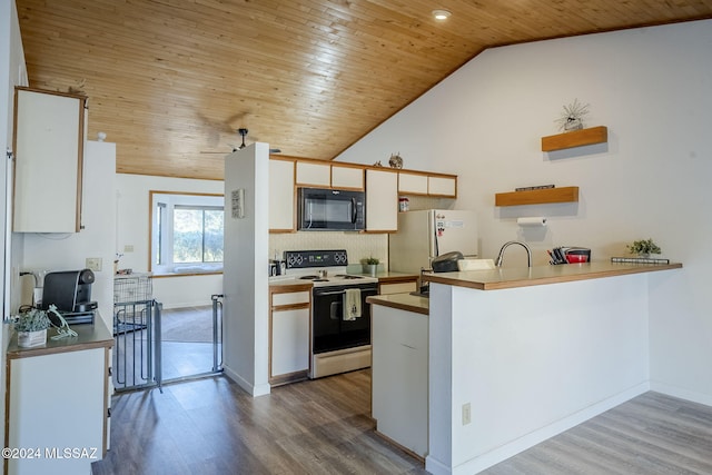 kitchen featuring wooden ceiling, kitchen peninsula, vaulted ceiling, electric range, and white cabinetry