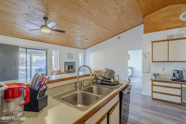 kitchen featuring sink, black dishwasher, light hardwood / wood-style flooring, lofted ceiling, and wood ceiling