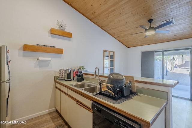 kitchen featuring black dishwasher, kitchen peninsula, light hardwood / wood-style floors, lofted ceiling, and wood ceiling