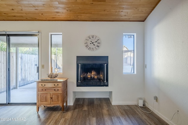 living room featuring wood-type flooring and wood ceiling