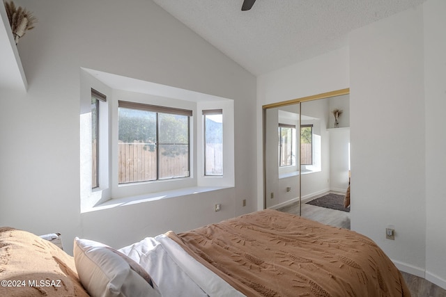 bedroom featuring light wood-type flooring, a textured ceiling, ceiling fan, a closet, and lofted ceiling